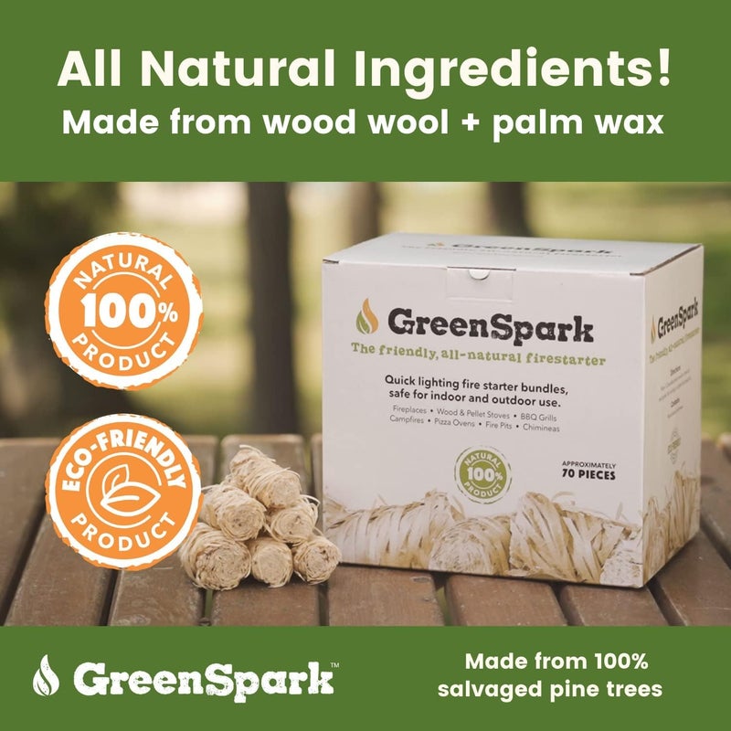GreenSpark Natural Fire Starter لجميع الأحوال الجوية 70 قطعة مدخن شواء مدفأة خشبية وموقد بيليه حفرة نار طويلة حرق مشعل نار مقاوم للماء فرن بيتزا شواية فحم - Image 2